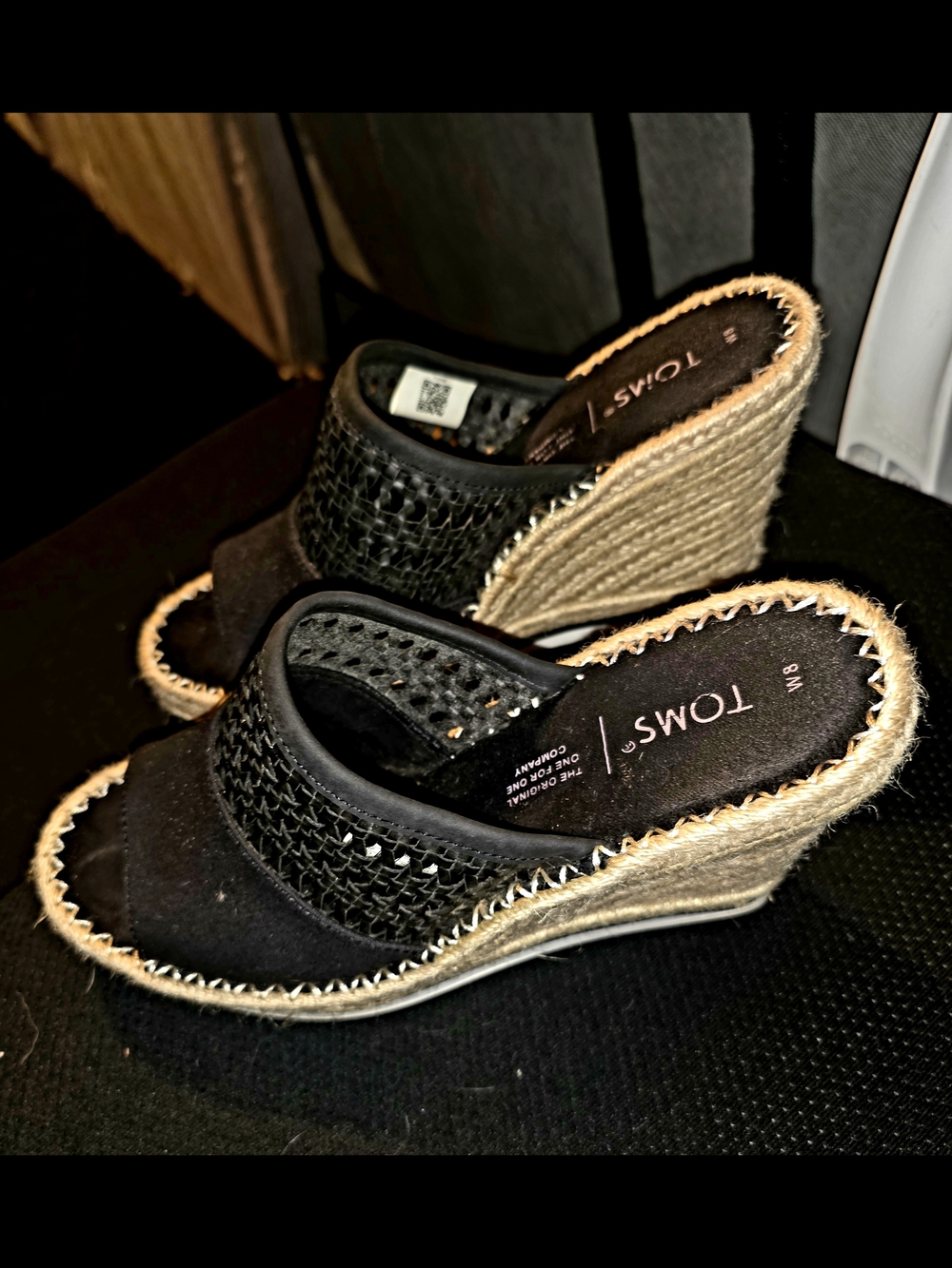 Toms Black Woven Espadrille Wedge Slide Mule